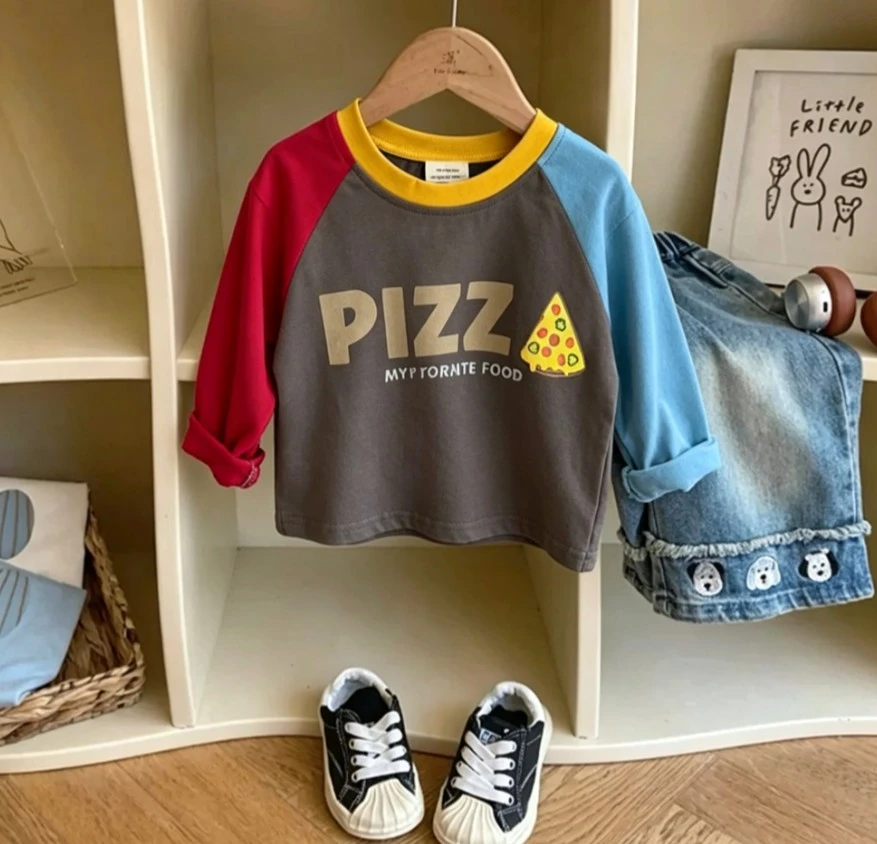 Kids Long Sleeve T Shirt Cute Pizza Donut Popcorn Pattern Kid Crew Neck Tee Soft Cotton Casual Wear Tees Children Daily Pullover