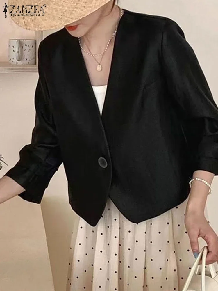 

ZANZEA 2025 Autumn Women Thin cardigans Elegant Casual Loose Suits Solid Button V-neck Coat Korean Fashion 3/4 Sleeve Outwears