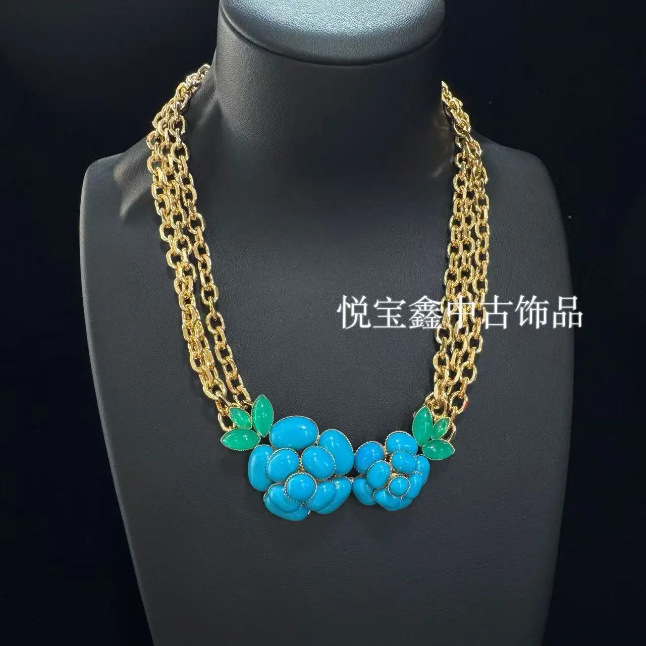 fashion statement layered metal necklace antique clavicle camellia blue flower necklace
