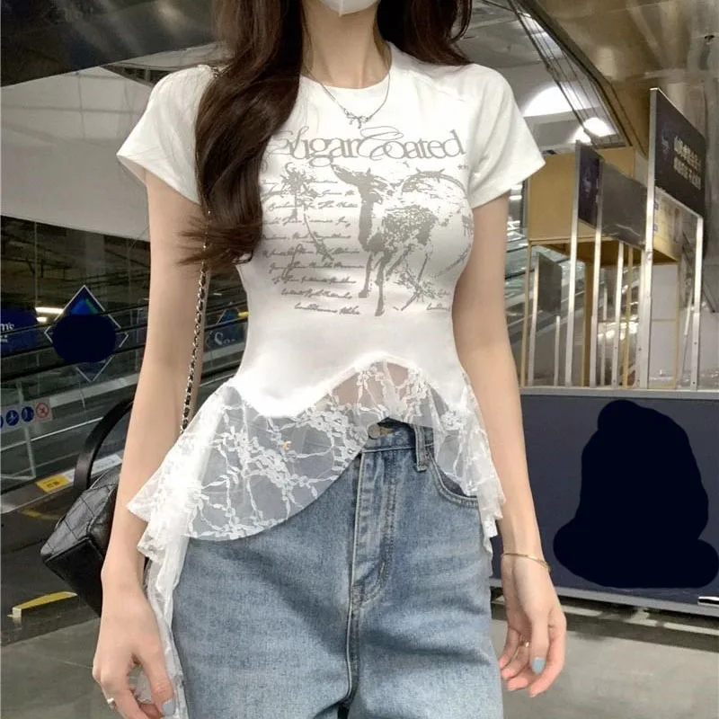 Fashion Lace Patchwork Asymmetrical T-Shirt Women Streetwear Y2K Letter Printed Crop Tops Summer Round Collar Short Sleeve Tees