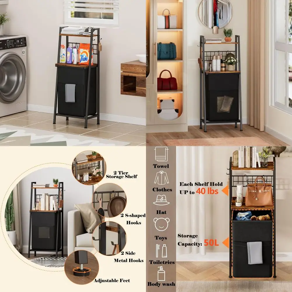 

Корзина для белья, двухъярусная деревянная корзина для белья с полками и крючками, корзина для одежды с выдвижным и съемным мешком или для ванной