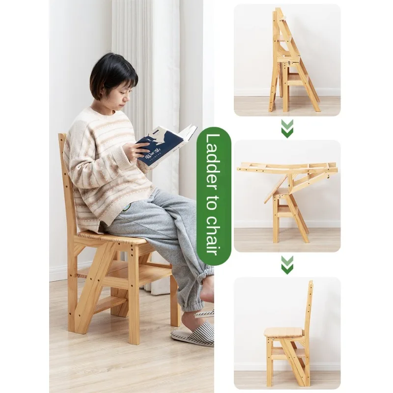 Expandable Solid Wood Ladder Chair Indoor Folding Stool with Cross-shaped Structure for Multipurpose Use