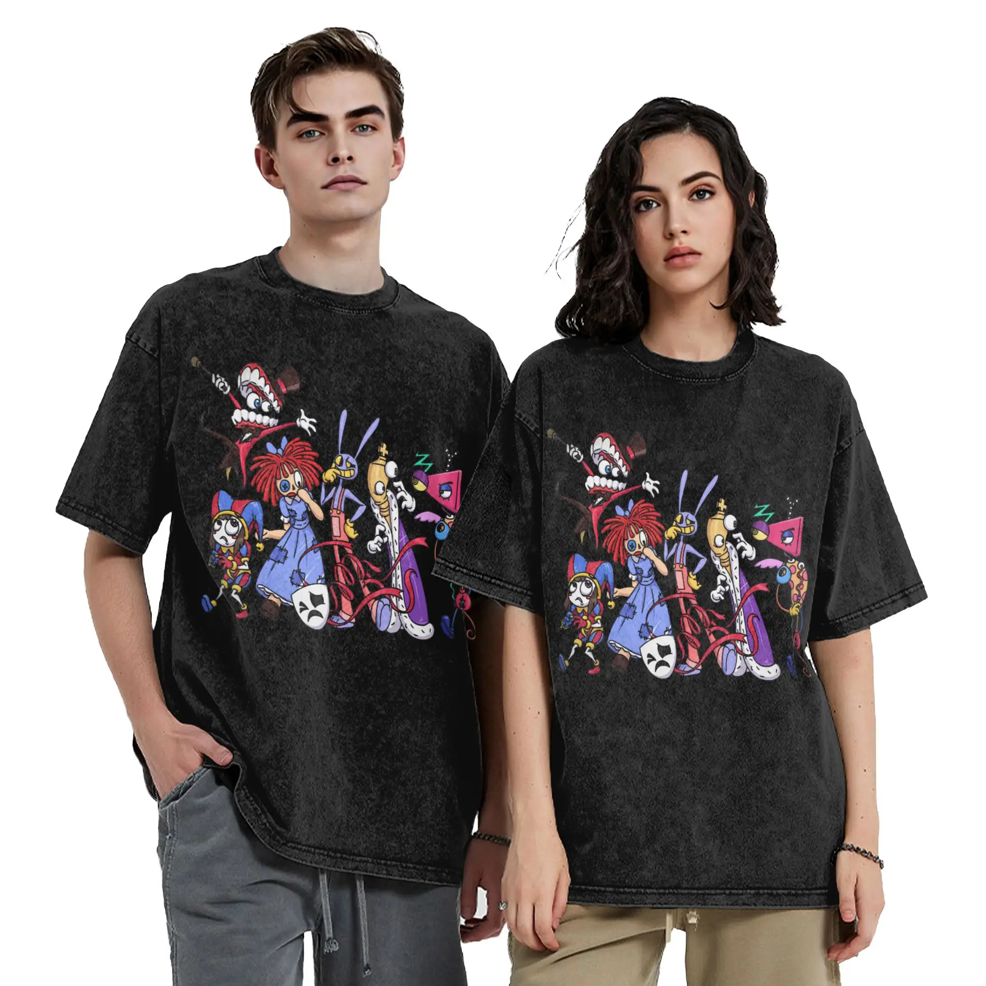 Cartoon Digitals Circus Washed T Shirt Streetwear Fashion T-Shirt Tees Tops Men Women Short Sleeve Oversize Printed