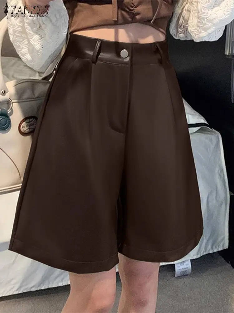 

ZANZEA Fashion PU Leather Shorts Women High Waisted Short Pants Vintage Undefined Drapped Trousers Casual 2023 Office Wear Short