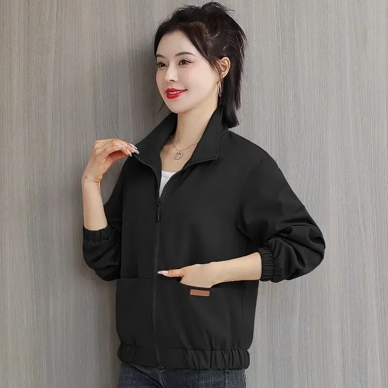 Lady Windbreaker Stand-up Collar Zipper Outerwear Khaki Double-deck Have Lining Short Jacket Women Spring Autumn Thin Top Coat