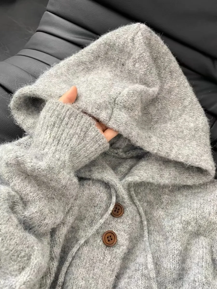 سترة كارديجان نسائية كبيرة الحجم بغطاء للرأس، مفتوحة من الأمام، للخريف والشتاء، بأسلوب كوري كسول، محبوكة، طويلة