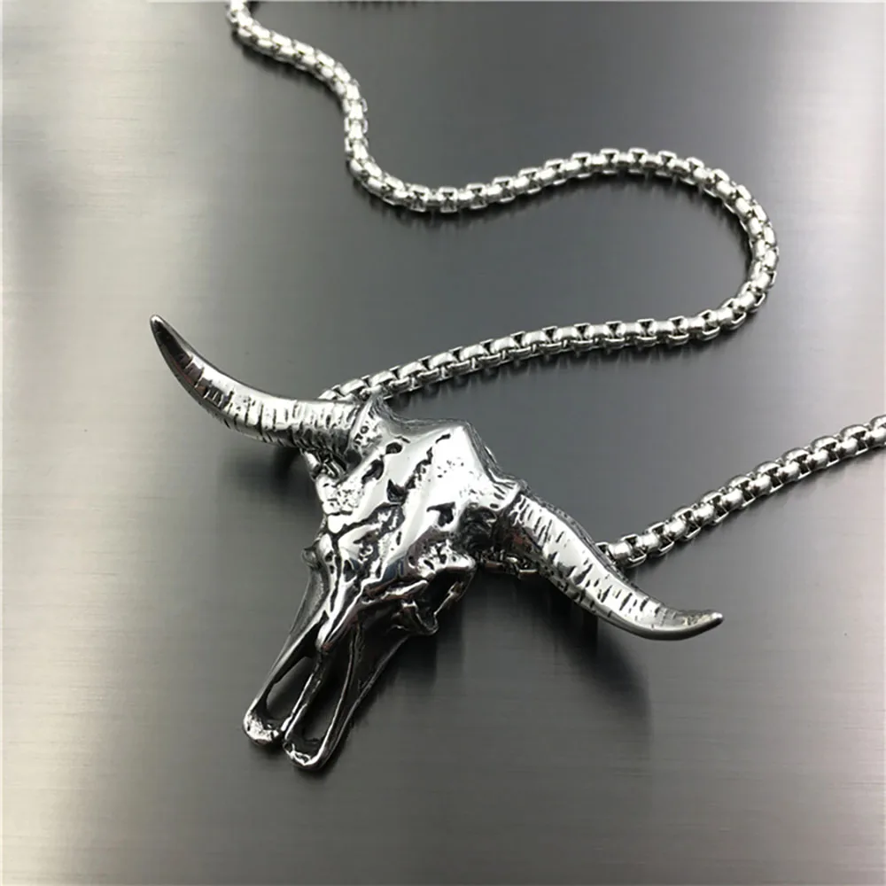 Vintage Stainless Steel Bull Head Skull Pendant Necklace Men Biker Animal Skull Bull Necklace Gothic Jewelry Gift Wholesale