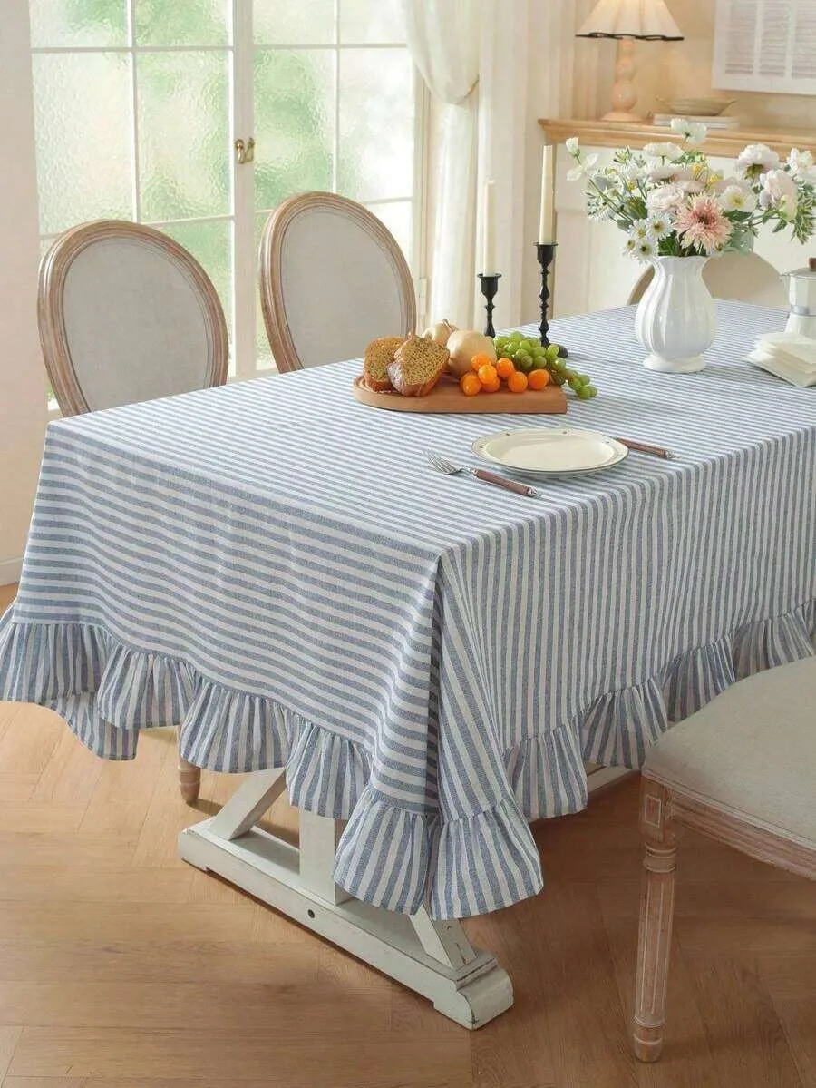 1pc Japanese Style Simple Solid Color Woven Blue Stripe Lotus Edge Square Tablecloth, Suitable For birthday  wedding Kitchen