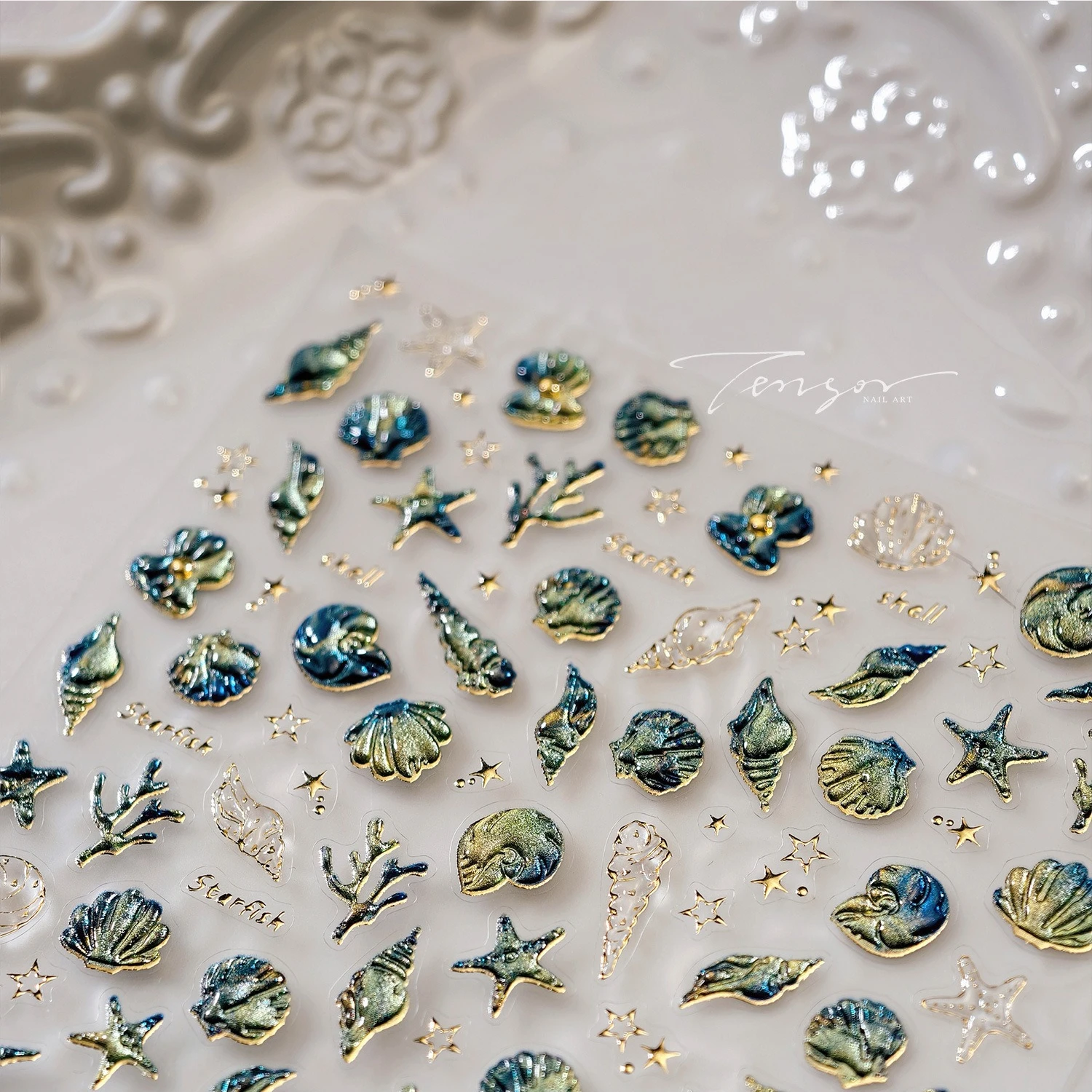 Marzycielski różowy zielony niezwykły szykowny muszla muszla rozgwiazda koral perła ostryga gwiazda morze naklejki do paznokci Ocean Illusion Manicure naklejki