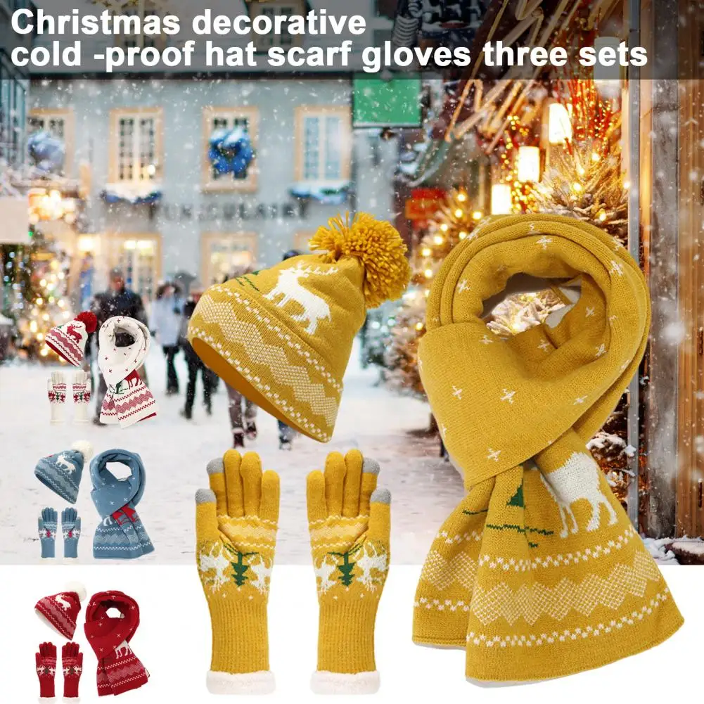 Cozy Knit Hat Scarf Gloves Christmas Elk Tree Pattern Beanie Scarf Gloves Set Warm Fleece Winter Outdoor Cycling Accessories