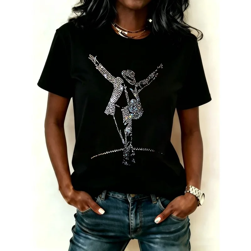 ilstile Women's King of Music Print T-Shirts Summer Short Sleeve Casual Round Neck Tops Black Tees Hot Sale