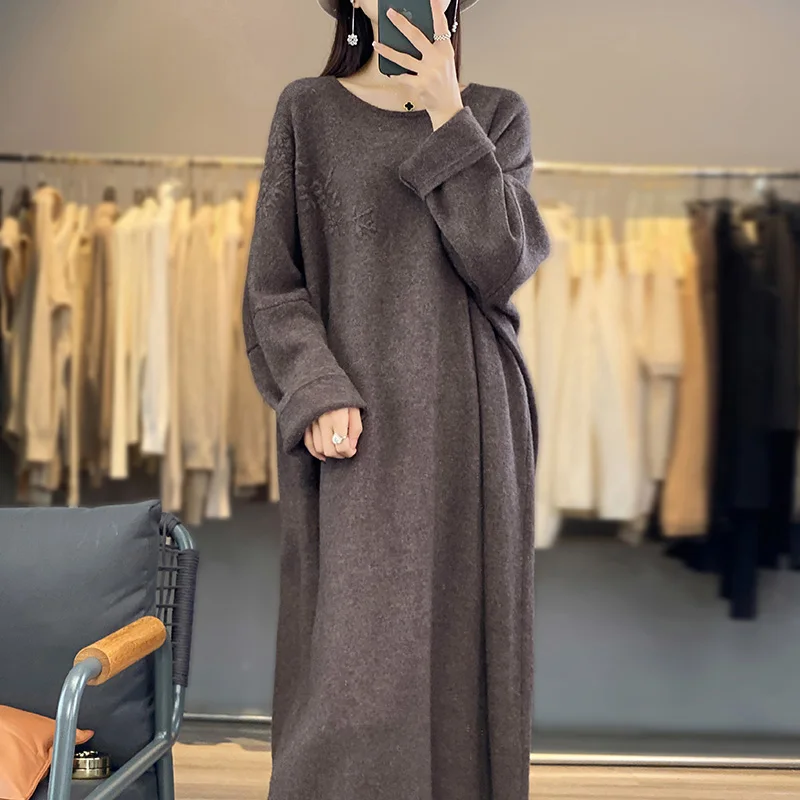 Women\'s Round Neck Cashmere Dress, Loose, Lazy Wind Embroidery, Plus Size Sweater, Pure Wool Knitted Dress, Autumn and Winter