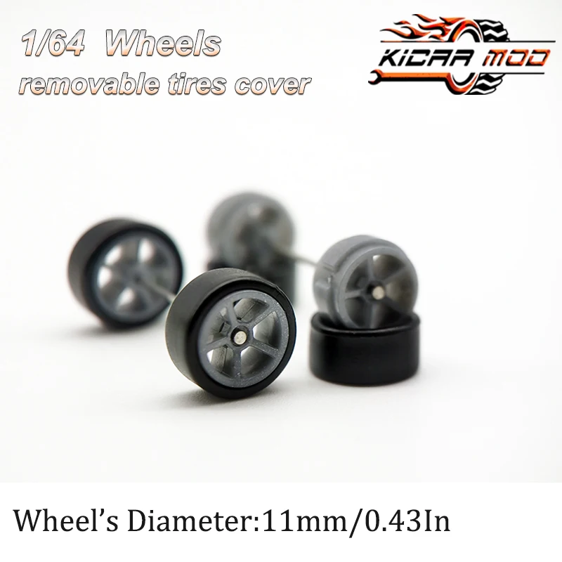 1/64 RLC Premium Wheels with Rubber Slick Tires for Hot Wheels Five Spokes Model Car Refitting Parts D:11mm (1 Set)