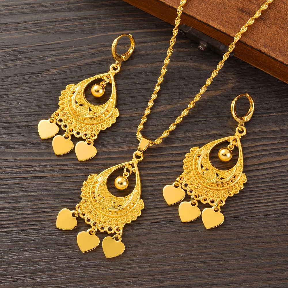 Ethnic Women Big Gold Color Dangle Africa Love Earrings Pendant Golden Braidal Jewellery Set