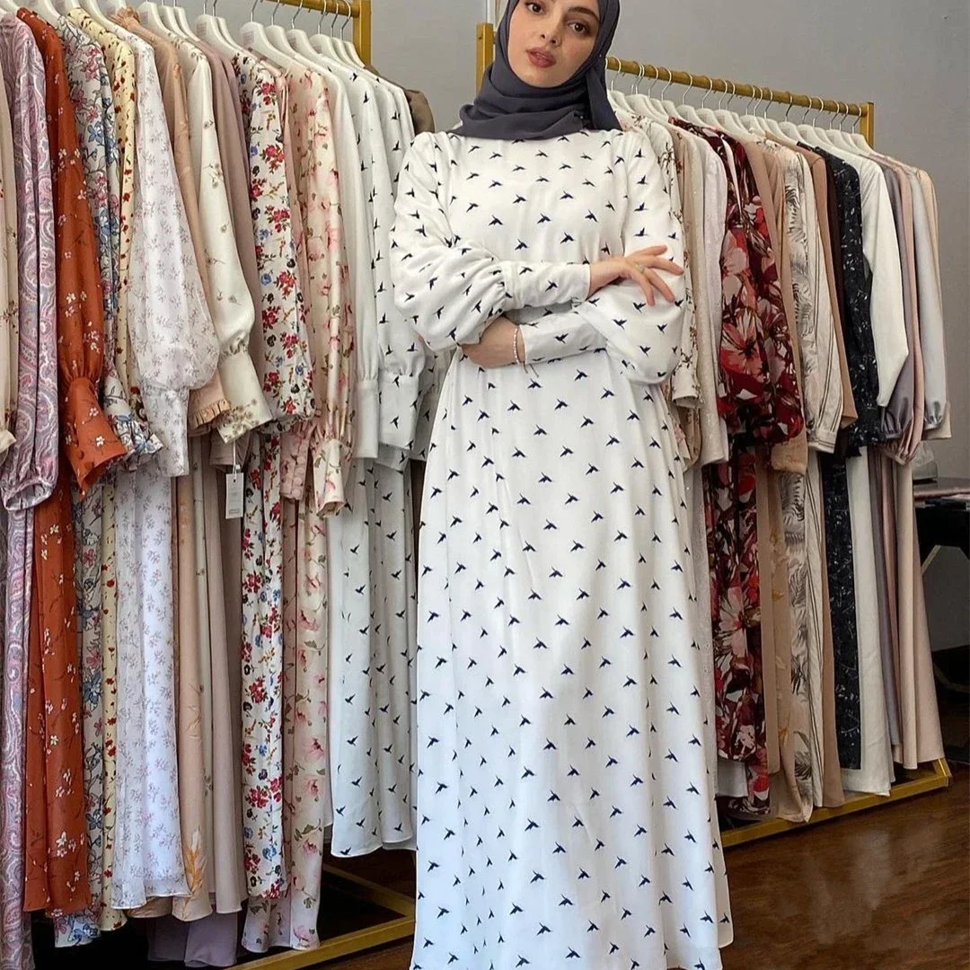 Arabic Hijab Muslim Dress Women Nida Abaya Dubai Bird Print White Summer Maxi Dresses Islamic Clothing Eid Kaftan Robe Musulmans