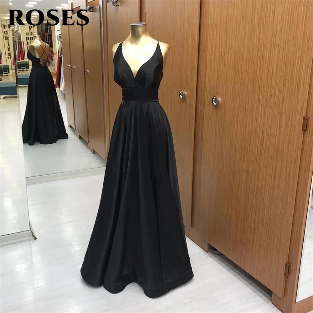 

ROSES Spaghetti Strap Chic Woman Evening Dress Gown V Neck Ball Gown Black Stain Night Dresses Gown Custom Size robes de soirée