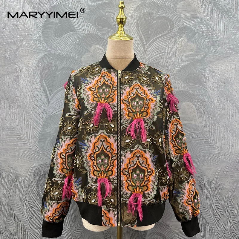 MARYYIMEI 2026 Autumn Fashion Women's New Style Stand Collar Long Sleeve Zipper Jacket Spliced ​​Beaded Jacquard Jacket