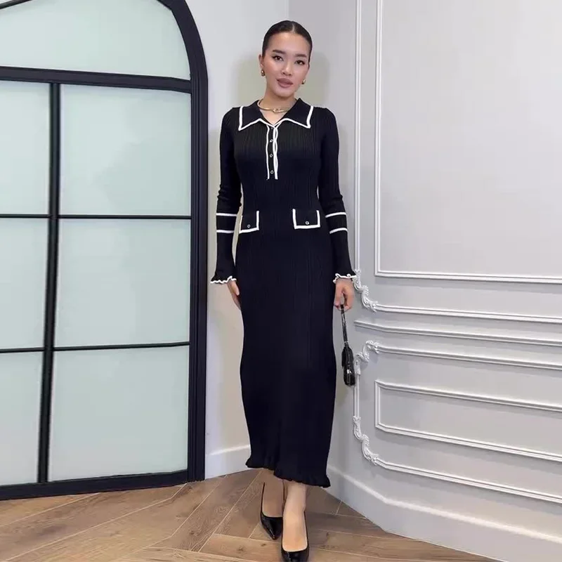 

2025 New Turn Down Collar Waist Tying Long Sleeve Dress Women Black Elegant Slim Knee Length Long Gown