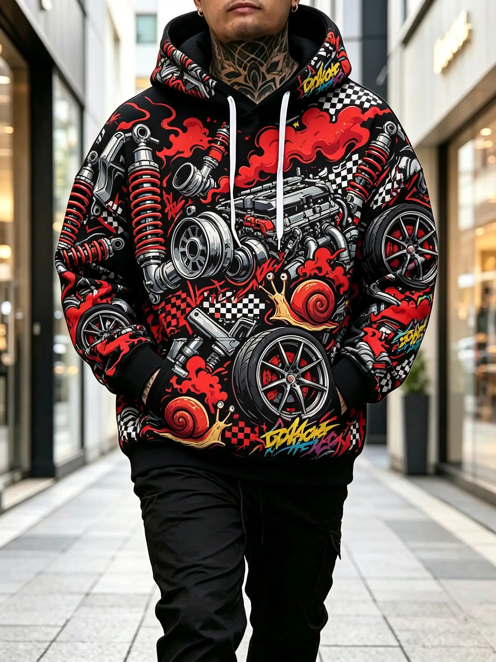 Men's Hoodie Black Red Racing Car Parts Snail Print Breathable Soft Pullover Sweatshirt for Lovers Party Daily Wear