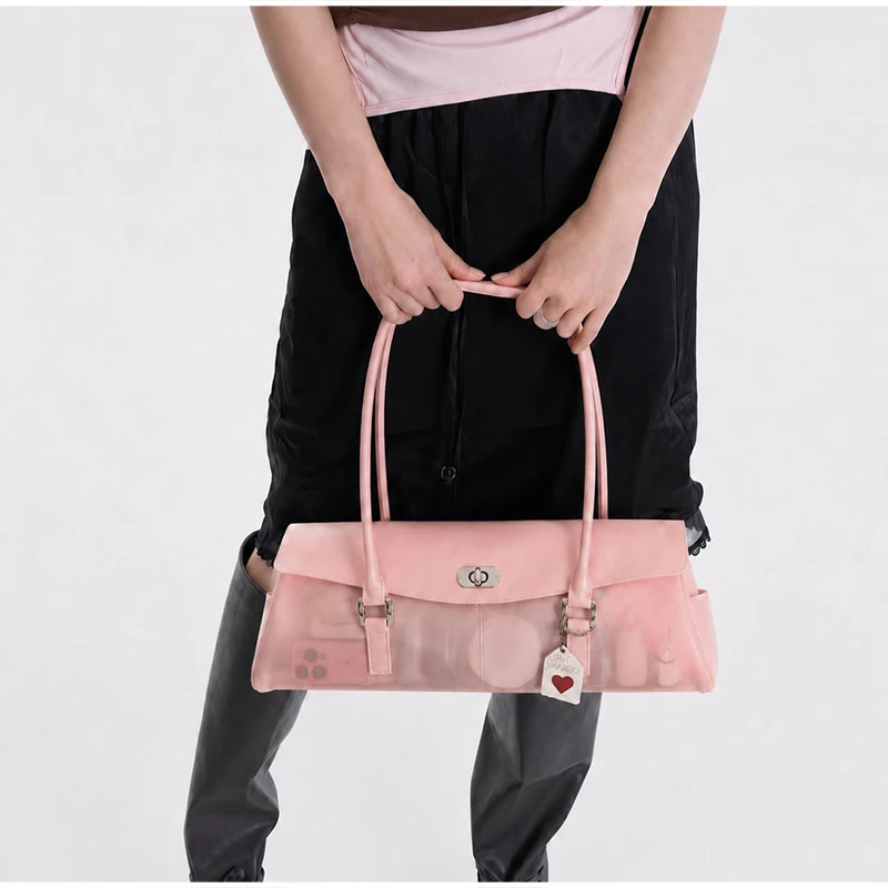 Transparente Macaron-Farbene Schnallen-Flip-Hobo-Unterarmtasche, Leichte Damen-Handtasche mit Obergriff, Französisch-Schicke Lange Henkeltasche – Detail 2