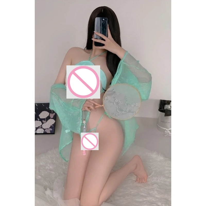 

Сексуальный комплект нижнего белья с лямкой на шее в китайском стиле, прозрачная сетка с вышивкой и кисточками, с открытой спиной и разрезом, элегантный и классический шарм