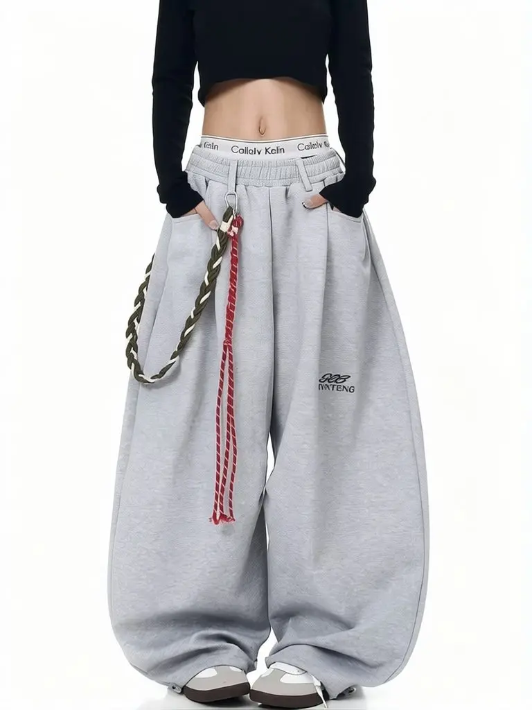 Streetwear Weite Baggy Sweatpants für Herren Y2K Vintage Lose Hose mit Gebogenen Beinen Lässige Sport-Straight-Pants Hip-Hop-Stil