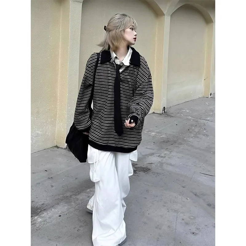 Harajuku Vintage Sweatshirt Striped Fake Two Pieces Polo Collar Y2K Tops Women Streetwear Long-sleeved Korean Fashion Pullover
