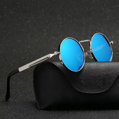 Round Frame Steampunk Spring Leg Sunglasses For Men Women Driving Blue Sun Glasses Fashion Vintage Classic Male Ladies Eyewear