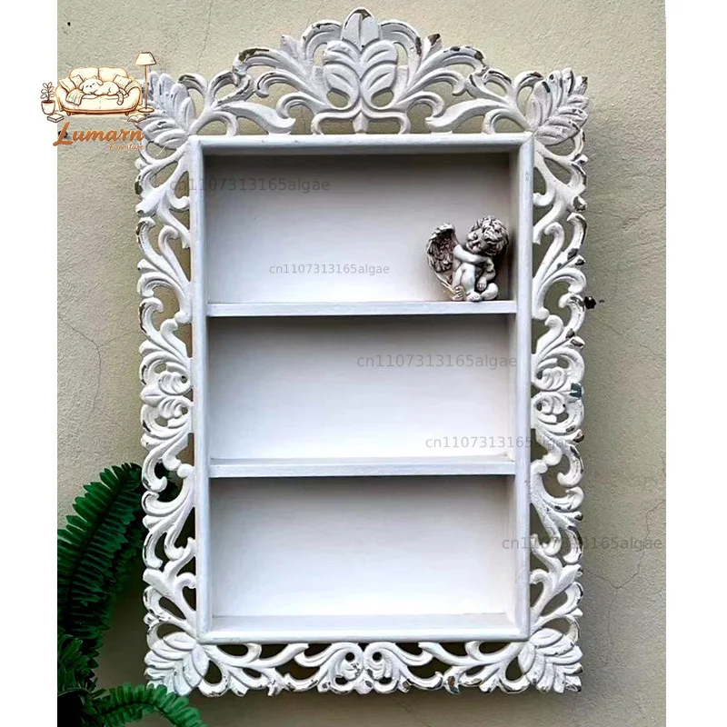 Decorative Wall Mounted Display Shelf, White Carved Wood Frame, 3-Tier Storage Shelves, Vintage Baroque Style, 50x90x13cm