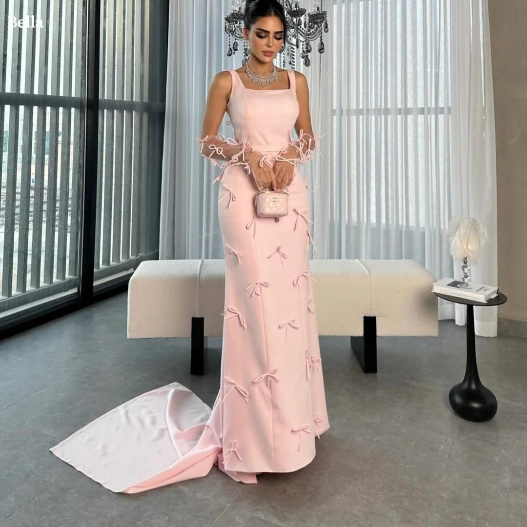 

Bella Индивидуальные розовые банты на тонких бретельках, вечерние платья с квадратным воротником, платье для выпускного вечера длиной до пола, 2025 г.