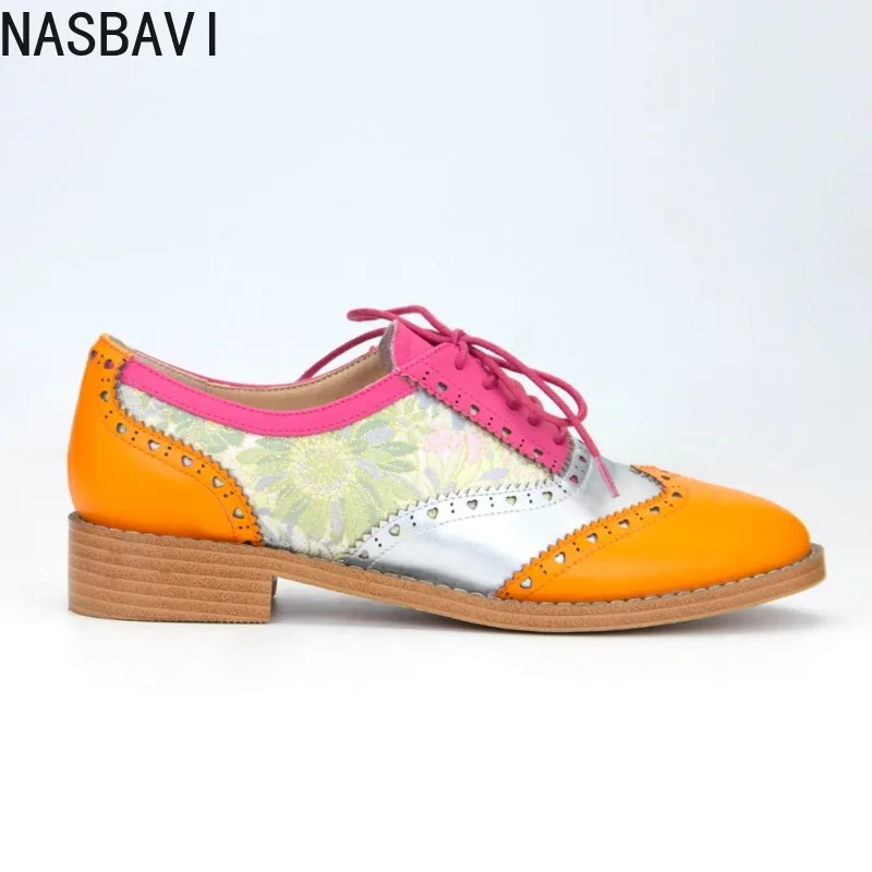 

NASBAVI Women's Contrasting Patchwork Leather Shoes Fashionable British Style Cross Tie Low Heel Classic Round Toe Single Shoe