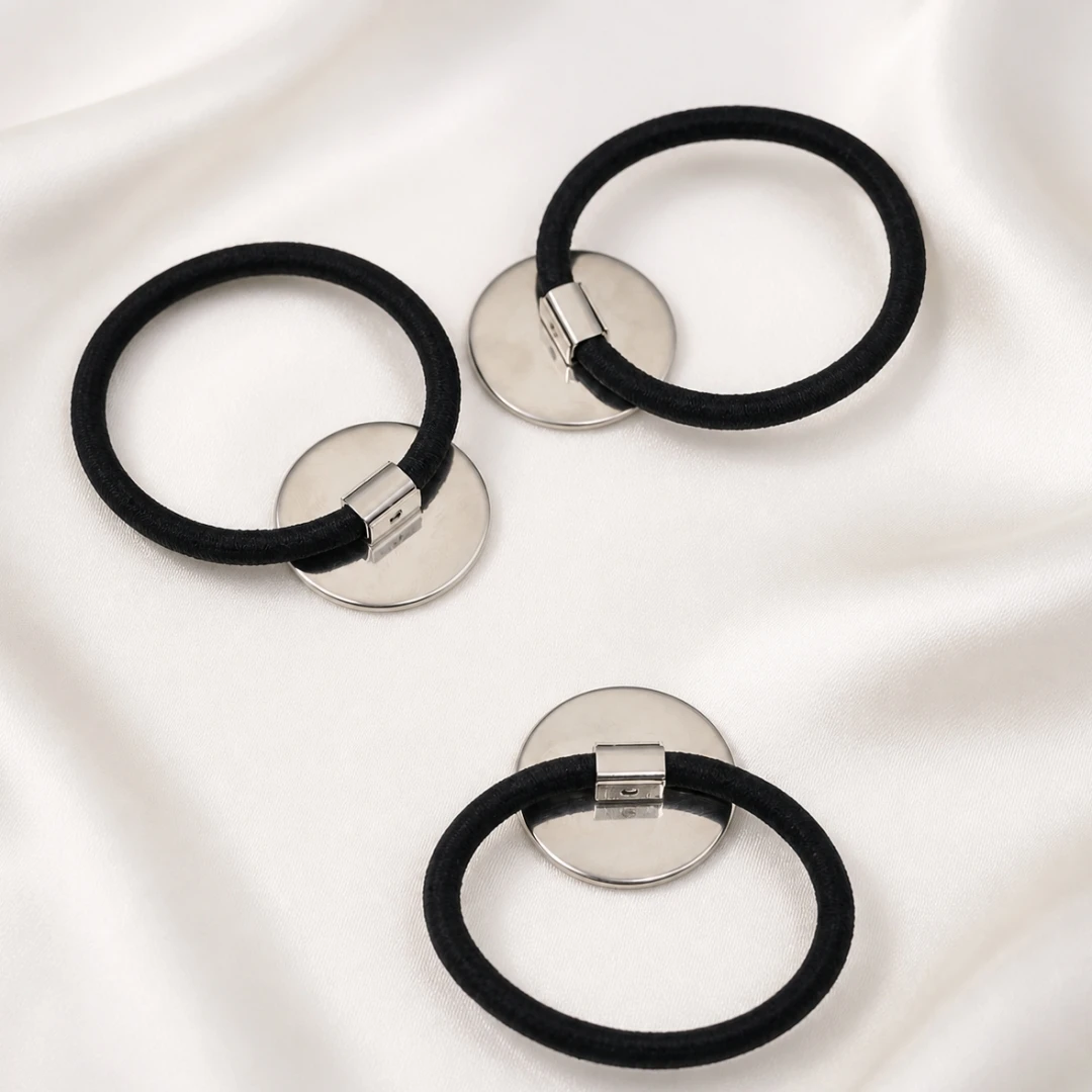 5pcs Hair Ties Stainless Steel Blank Round Base Tray Setttings Hair Rope For DIY Non-Damage Ponytail Cuffs Holders Thick Hair view 4