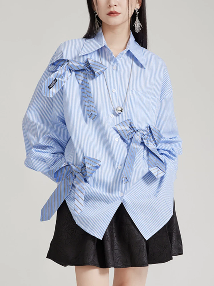 CHICEVER Spliced Striped Bowknot Blouse For Women Lapel Long Sleeve Patchwork Pocket Casual Colorblock Shirt Female Clothing New