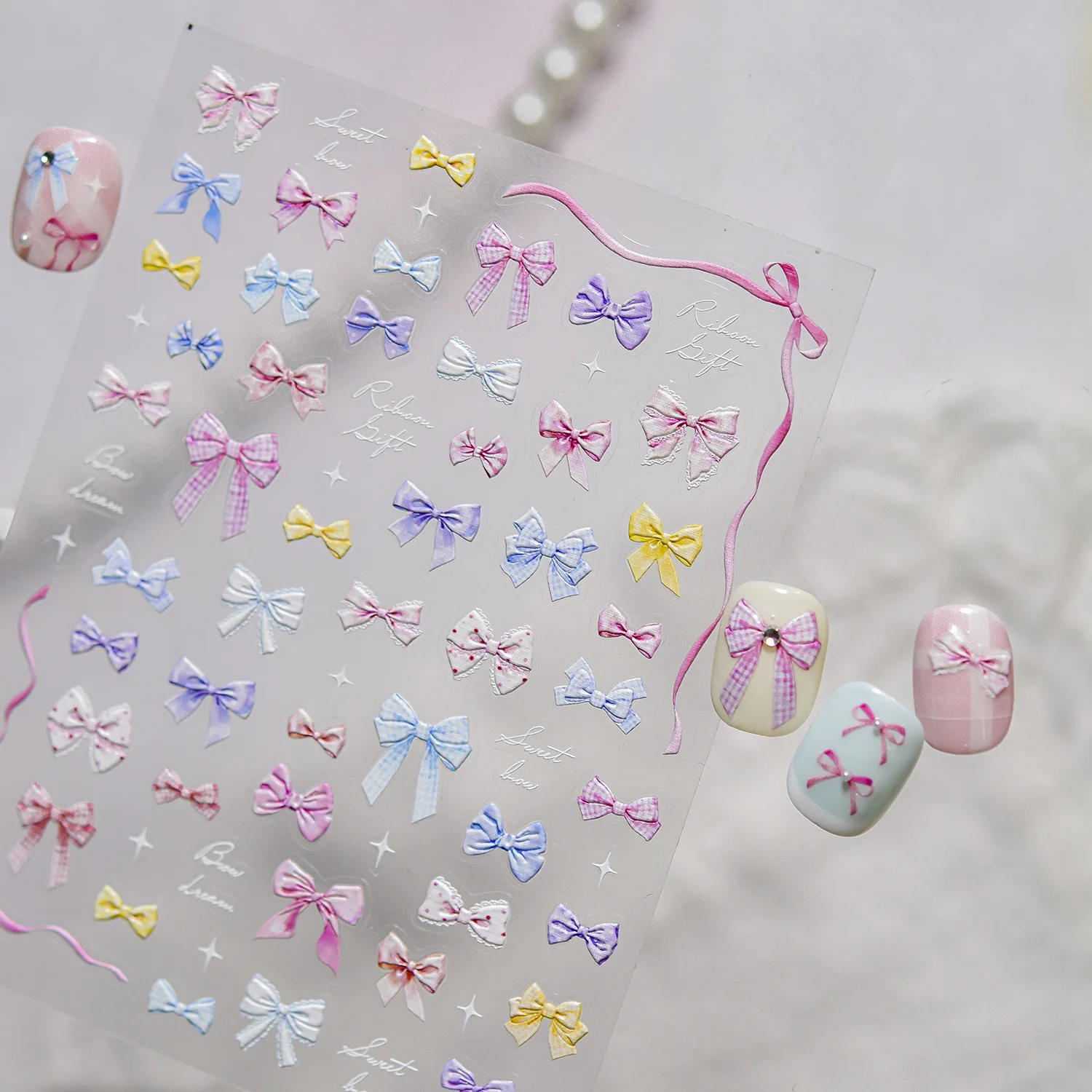 Spring Summer Macaron Bow Gradient Plaid Satin Ribbon Delicate 5D Nail Art Stickers Self-adhesive Nail Art Decor Manicure