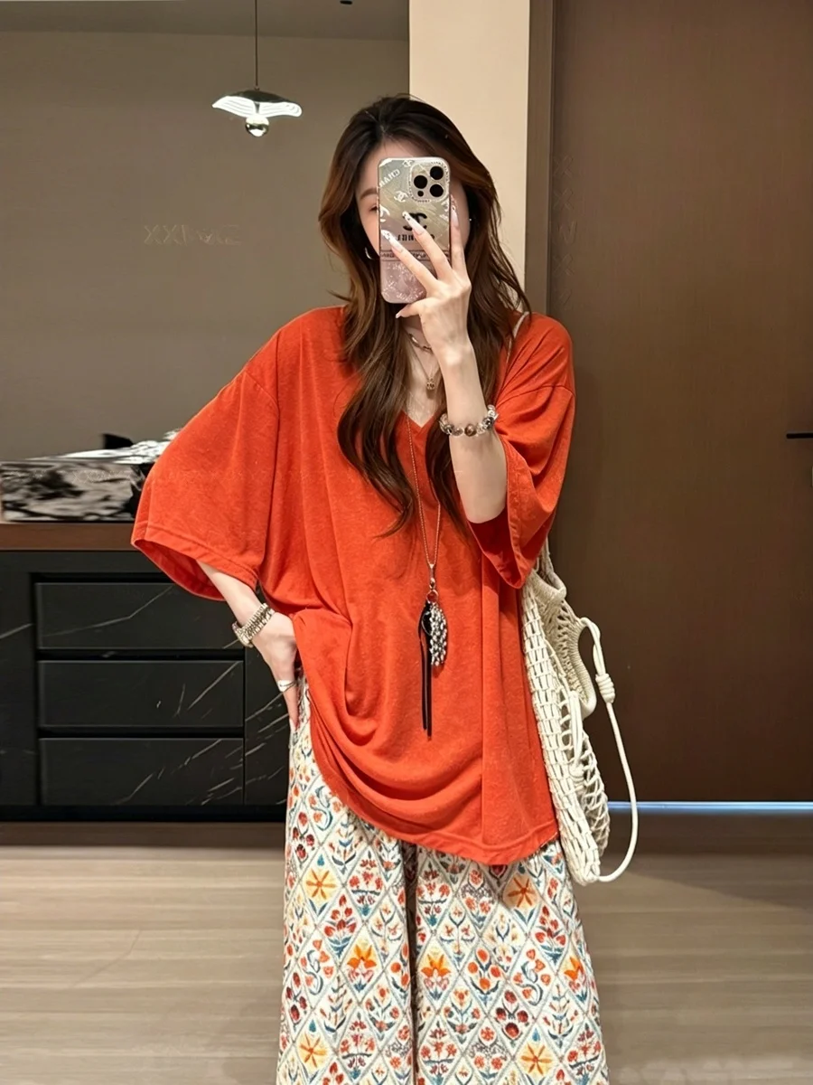 plus Size Women's Summer Casual Lightweight Short Sleeve V-Neck Slimming Top Korean Style Loose Fit High Waist Long Pants