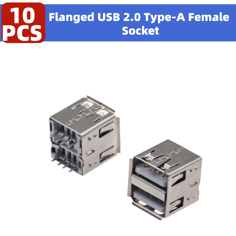 10PCS Flanged USB 2.0 Type-A Female Socket, 14.2mm Extended Vertical Design Without Mounting Posts, White Insulator PCB Mounting