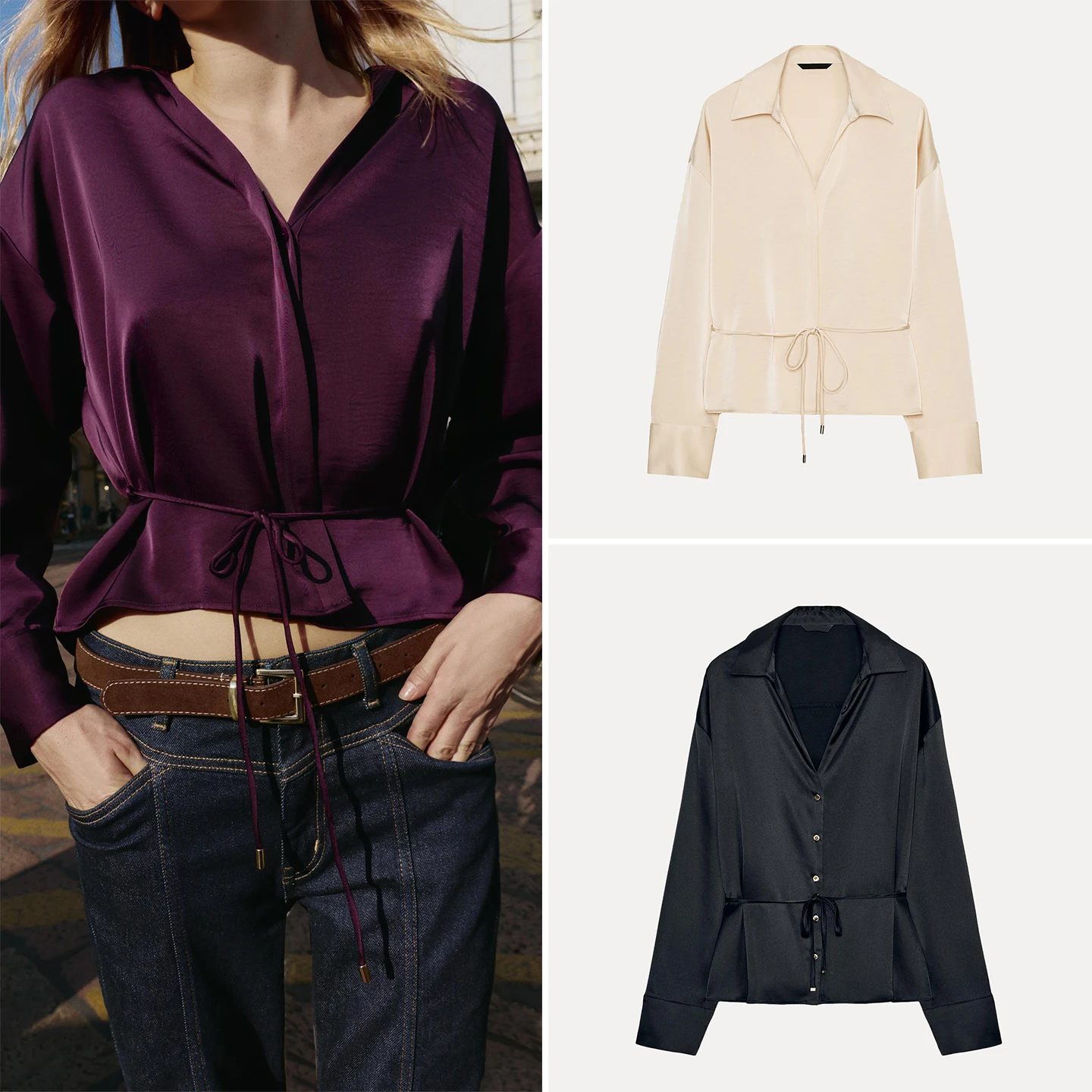 Z Damen Faion irt 2025, neuer SLE-dünner Gürtel, Seidensatin-Textur, lockere Passform, lang, Sve-Button-Down, normale Länge