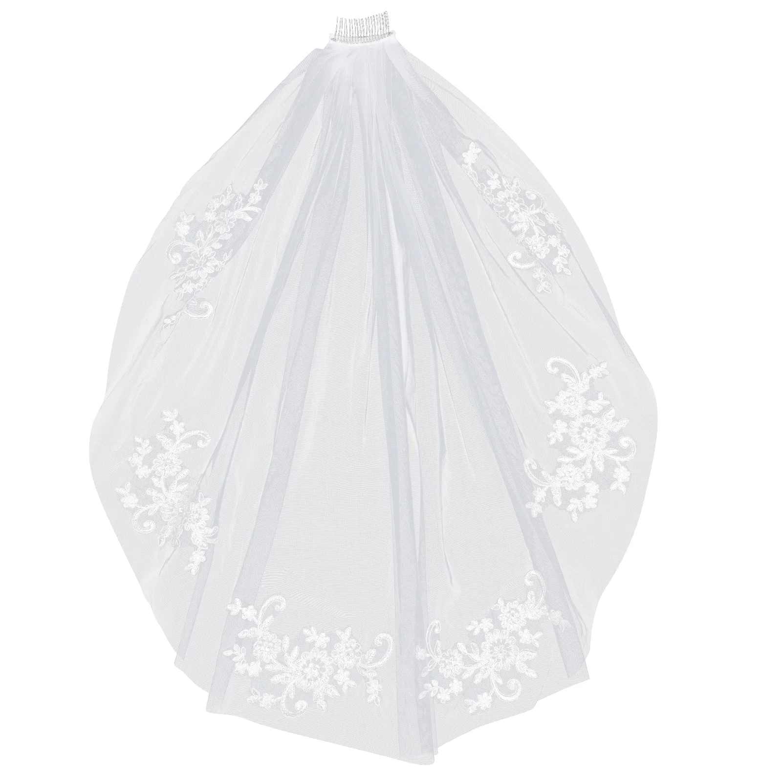 Frcolor Simple and Elegant Crystal Beaded Short Bridal Veils with Lace Appliques (Beige White) wedding veil