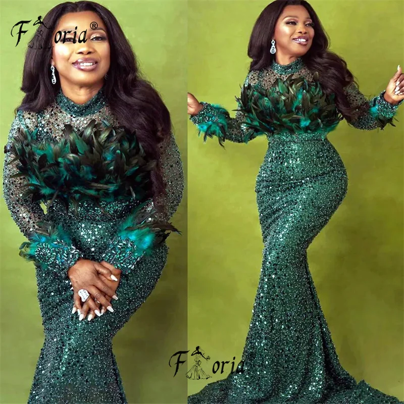 

Feathers Aso Ebi Woman Dark Green Mermaid Evening Dress Sparkle Sequin Long Sleeves Wedding Enagement Gowns Plus Size Prom Dress