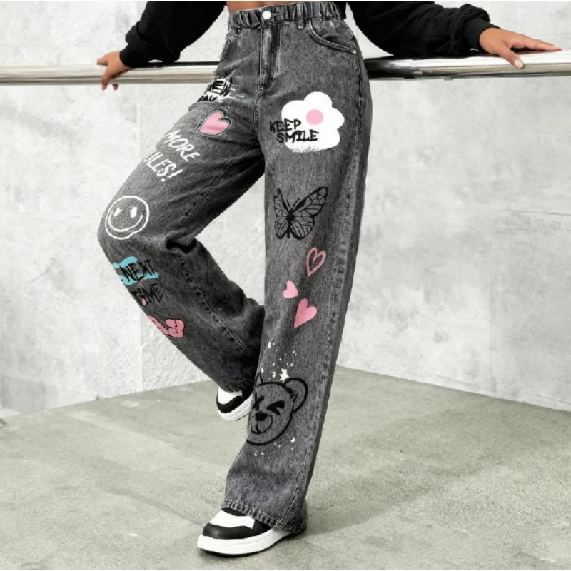 جينز صناعي واسع الساق مطبوع عليه رسوم كرتونية Y2K للفتيات - جينز صناعي فضفاض مناسب للمراهقين مع وجه مبتسم وفراشة ودب P #5