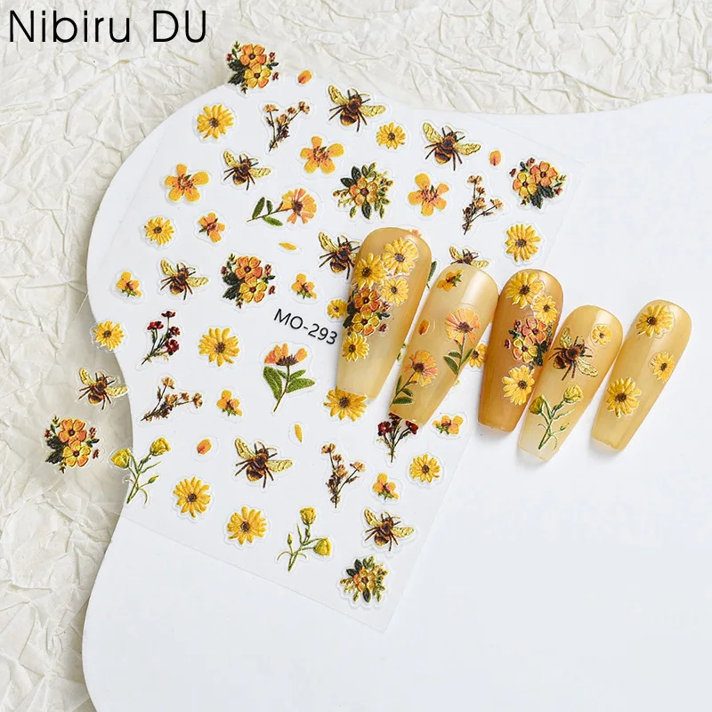

1PCS 5D Sunflower Daisy Bee Nail Art Decals Self-Adhesive Blossom Florals Oil Painting Nail Stickers Style Manicure Decorations