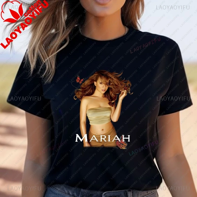 Mariah Carey Classic Poster Print Ladies Fashion Top, Everyday Casual Street Wear, Spring and Summer Top Cotton 0 Neck T-shirt
