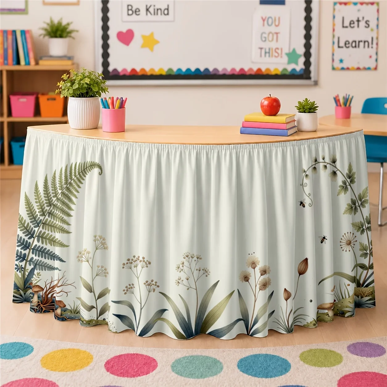 One table skirt. Garden-themed printed table skirt. Polyester. Natural inspiration. Moss, mushrooms, wild flowers dandelions.xzj