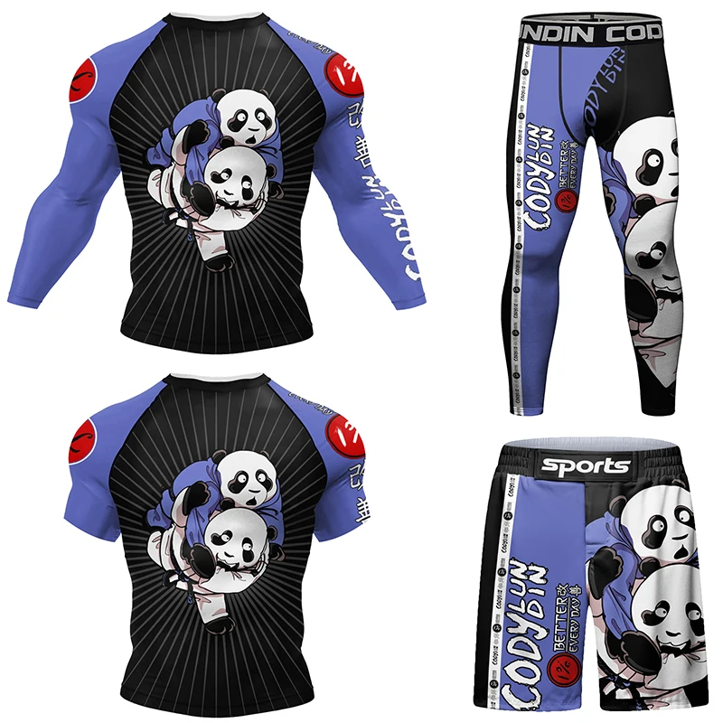 Dostosowane boks Jiu Jitsu MMA koszulka + spodenki 4 sztuk/zestaw Rashguard mężczyźni MMA odzież kompresyjna Bjj Gi Kickboxing odzież sportowa
