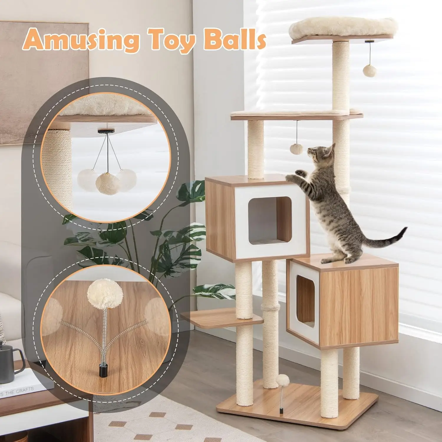 Multi-Layer Cat Tree, 64.5 inches Cat Tower with Natural Sisal Scratching Posts, 2 Condos, Padded Perch, Removable Cushion