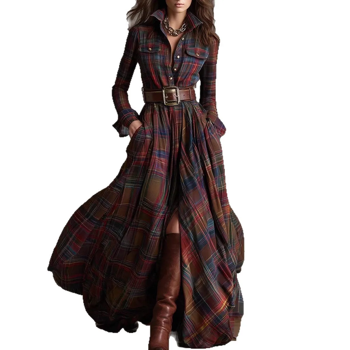 Plaid Asymmetrical Hem Belt Long Dress with Single Breasted Closure Mid Waist British Style Elegant Commuter Women Dress