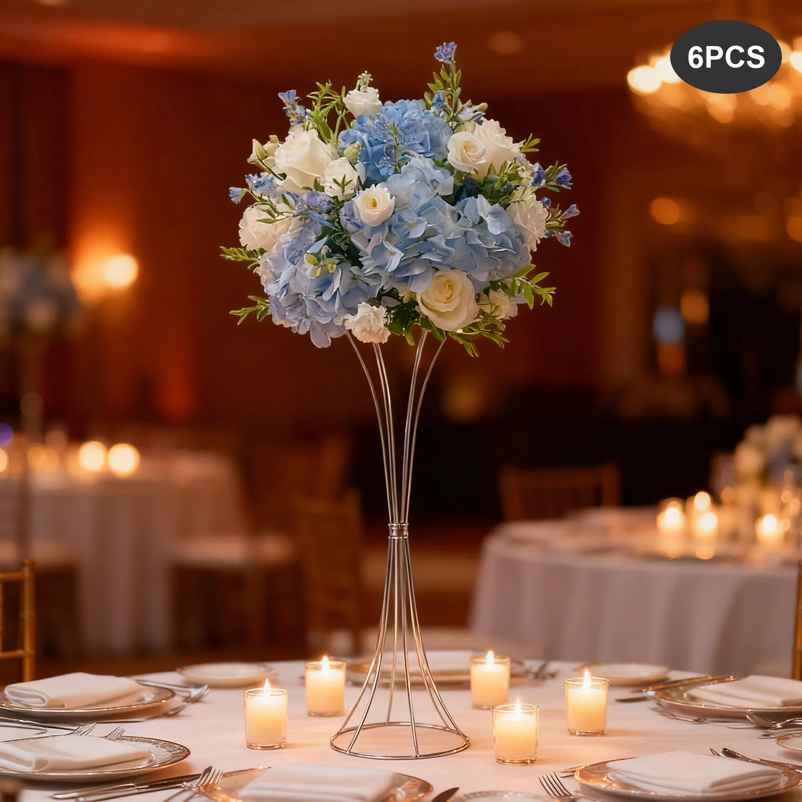 

6Pcs Silver Electroplated Iron Flower Stands 7.87×26.77In Freestanding Round Base 4.4Lbs Load For Wedding Party Event Decor