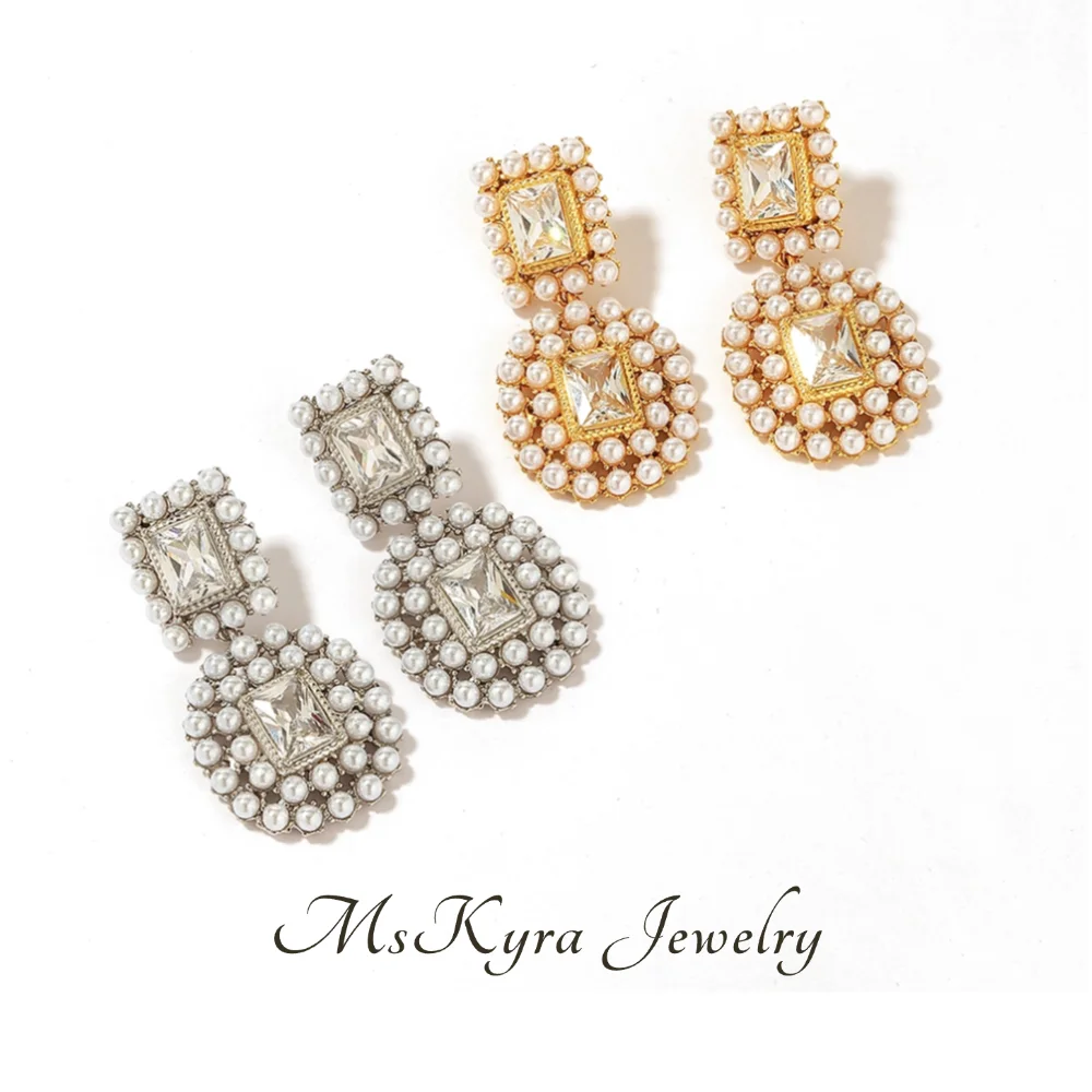 

MsKyra Stainless Steel Earring Plated 18k Gold Color Jewelry Pearl Zircon Waterproof Daily Earring for Women Premium Gift