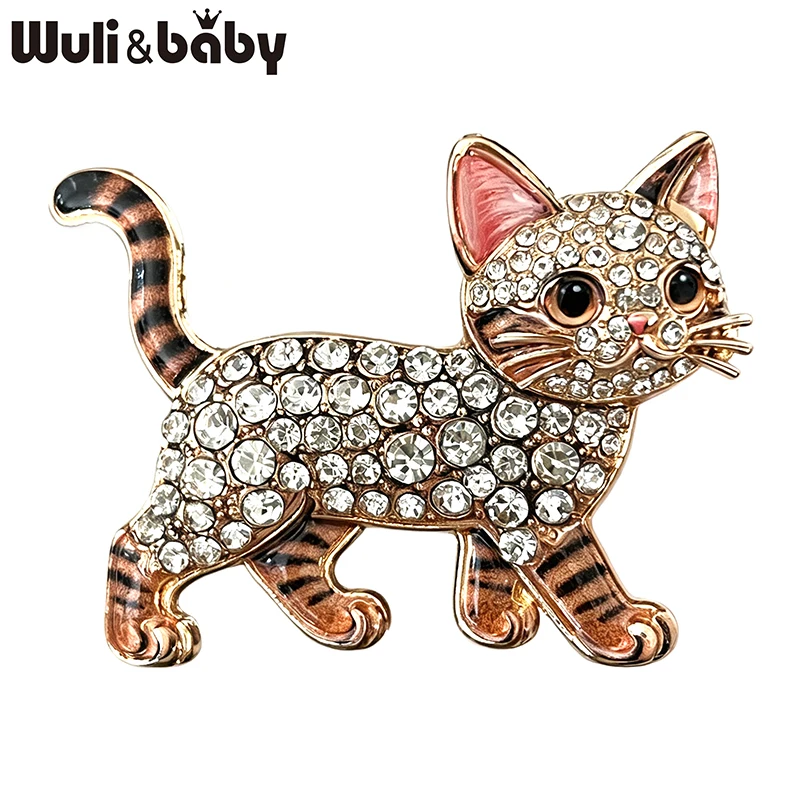Wuli&baby Cute Cat Brooches For Women Unisex 4-color Enamel Rhinestone Walking Kitty Animal Party Casual Brooch Pins Gifts