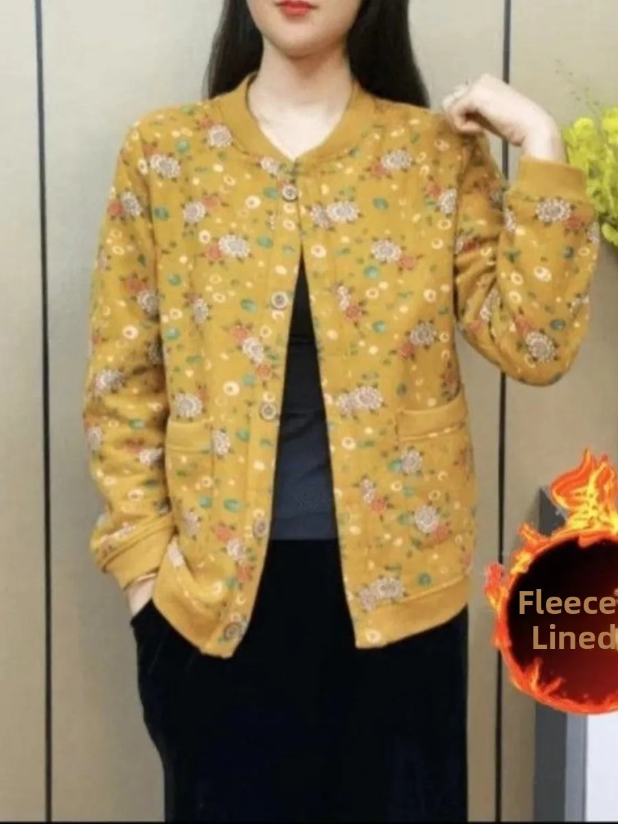 

Thickened Fleece Cotton Jacket Floral Print Women's Loose Baseball Style Casual Coat Winter New Arrival Yangjing Brand
